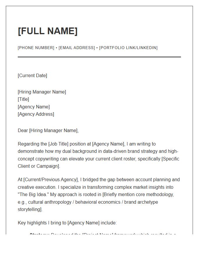 Brand Strategist Copywriter Advertising Agency Cover Letter Template