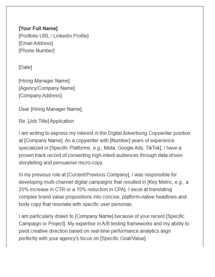 Digital Advertising Copywriter Cover Letter Template