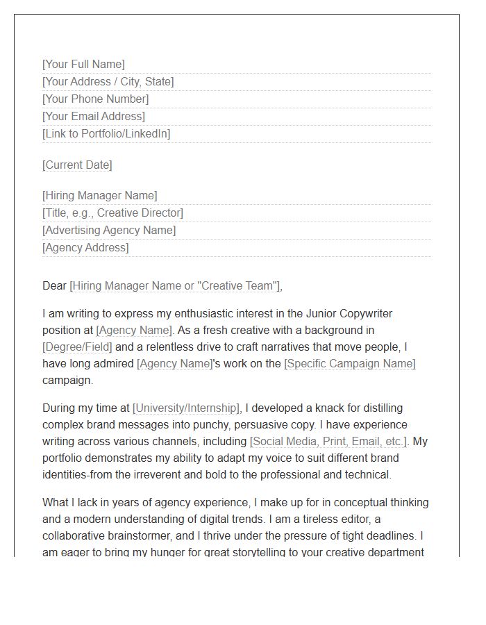 Entry Level Copywriter Advertising Agency Cover Letter Template