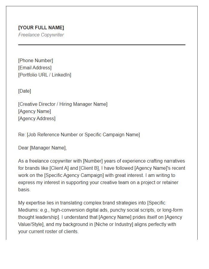Freelance Copywriter Advertising Agency Cover Letter Template