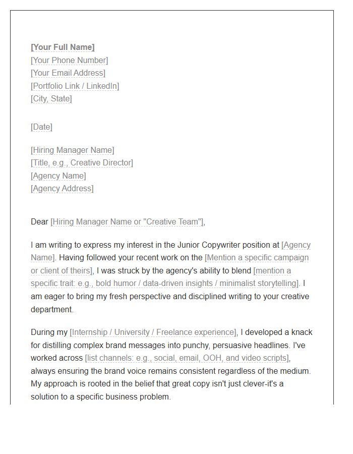 Junior Copywriter Advertising Agency Cover Letter Template