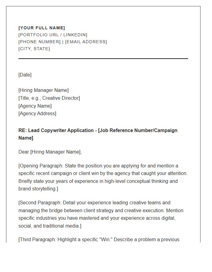 Lead Copywriter Advertising Agency Cover Letter Template