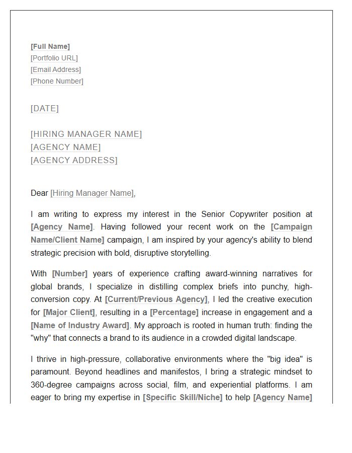 Senior Copywriter Advertising Agency Cover Letter Template