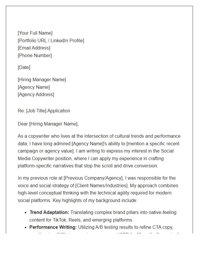 Social Media Copywriter Advertising Agency Cover Letter Template