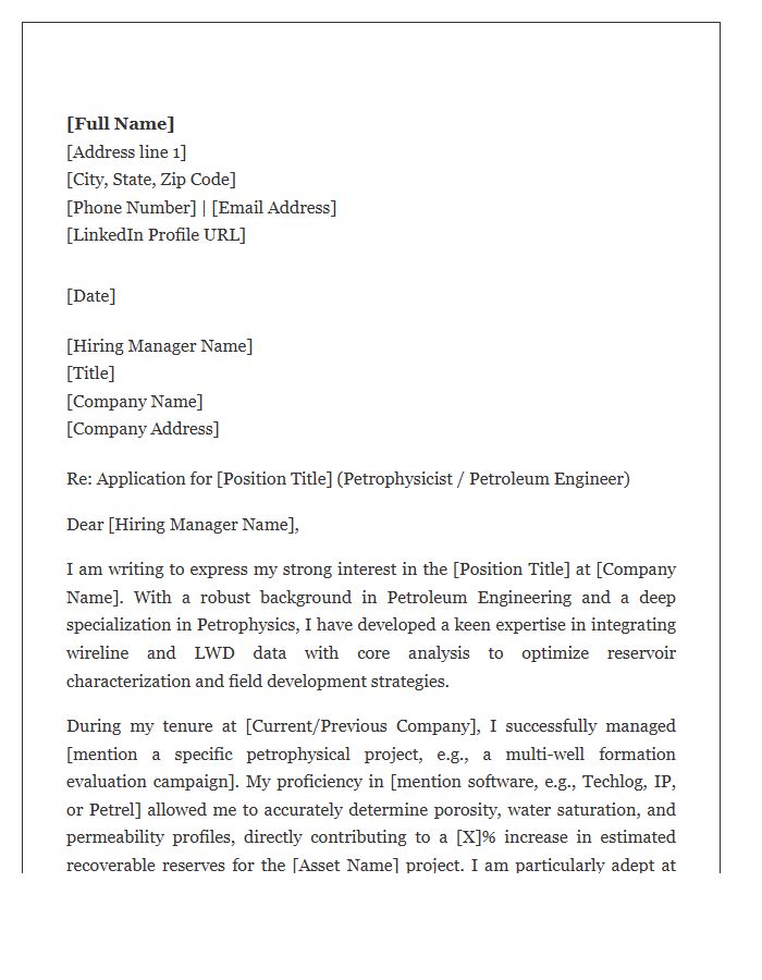 Petrophysics Specialization Petroleum Engineer Cover Letter Template