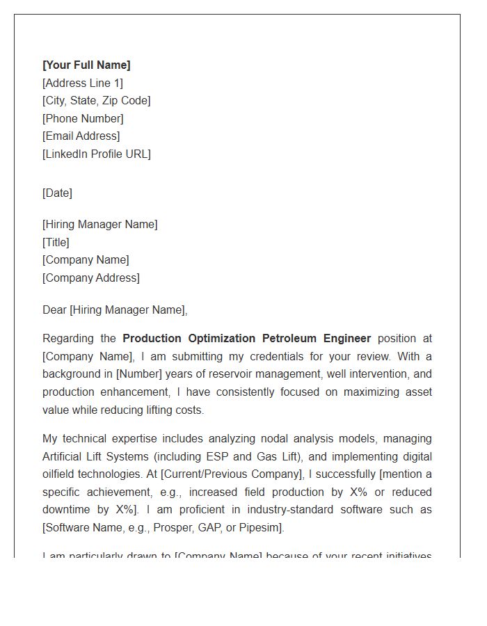 Production Optimization Petroleum Engineer Cover Letter Template
