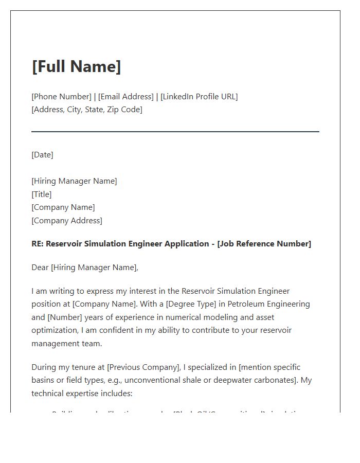 Reservoir Simulation Petroleum Engineer Cover Letter Template
