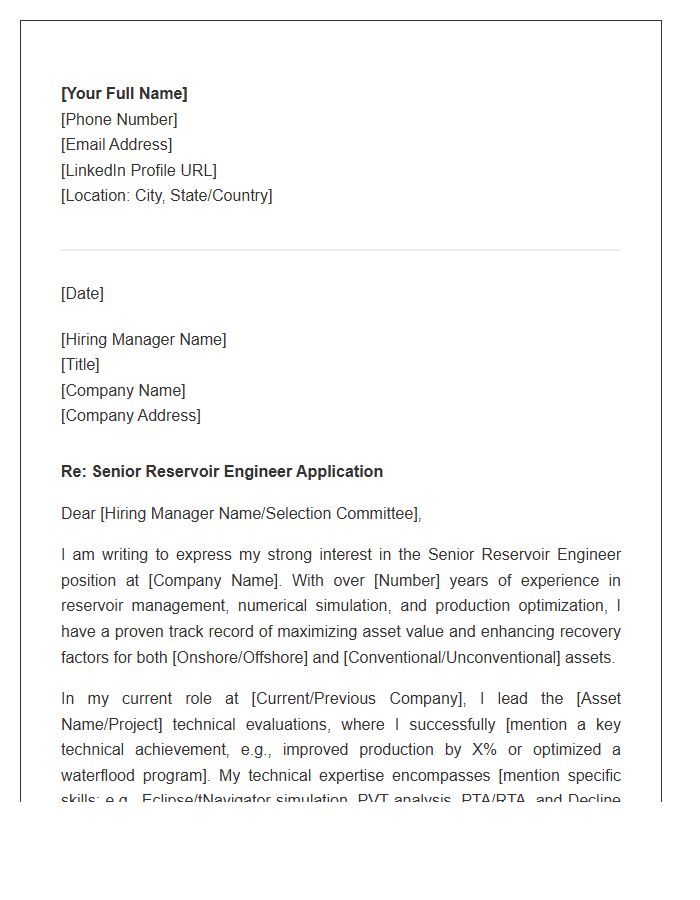 Senior Reservoir Engineer Cover Letter Template
