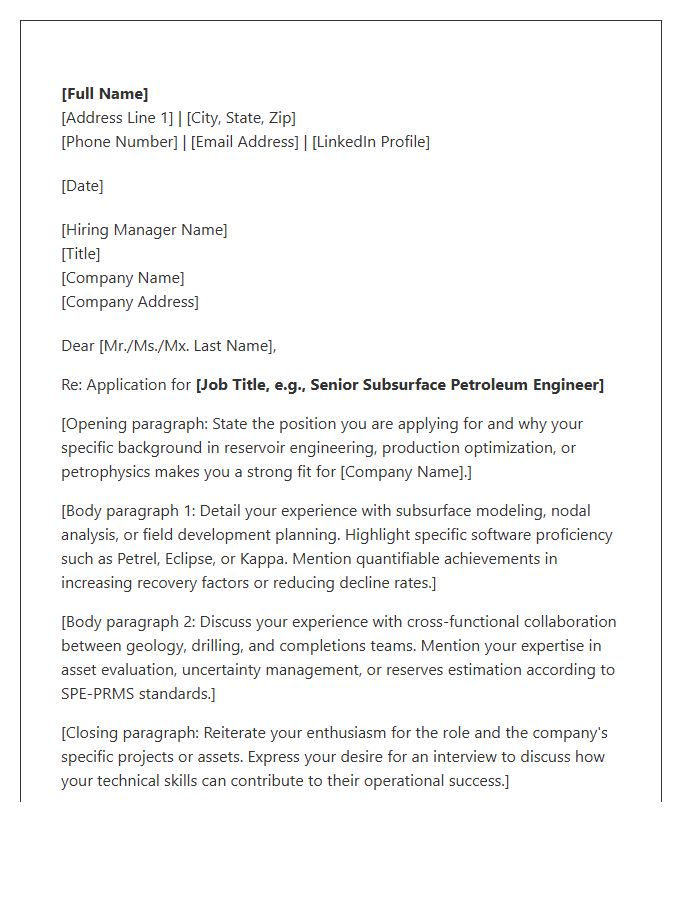 Subsurface Petroleum Engineer Cover Letter Template