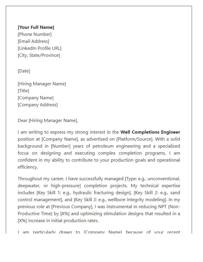 Well Completions Petroleum Engineer Cover Letter Template