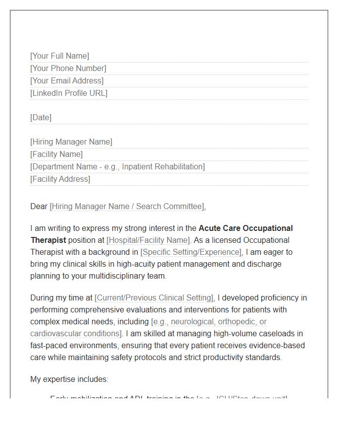 Acute Care Occupational Therapist Cover Letter Template