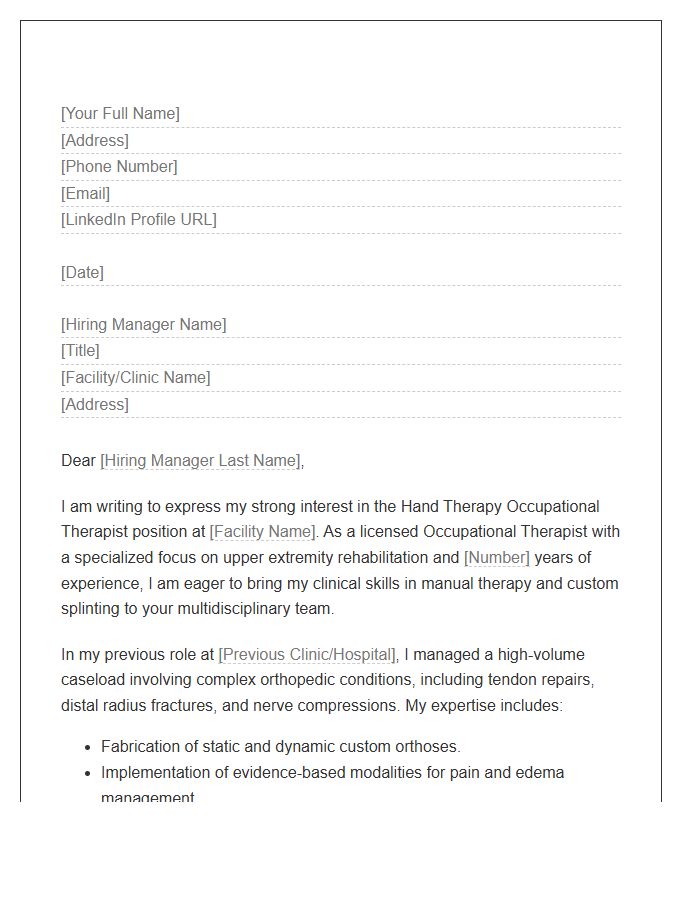 Hand Therapy Occupational Therapist Cover Letter Template