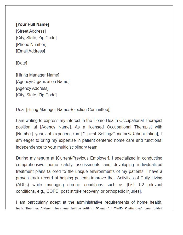 Home Health Occupational Therapist Cover Letter Template