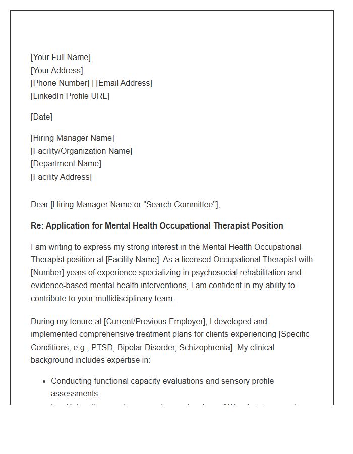 Mental Health Occupational Therapist Cover Letter Template
