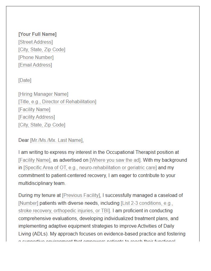 Rehabilitation Center Occupational Therapist Cover Letter Template
