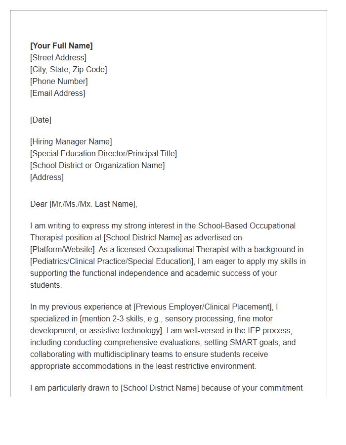 School Based Occupational Therapist Cover Letter Template