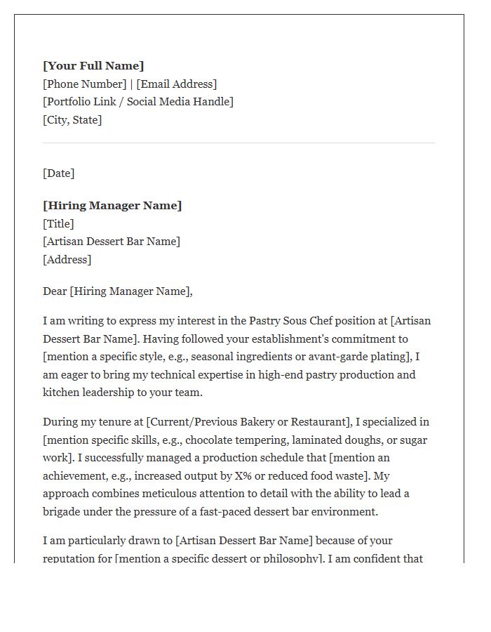 Artisan Dessert Bar Pastry Sous Chef Cover Letter Template
