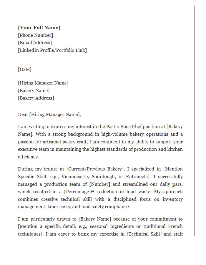Bakery Operation Pastry Sous Chef Cover Letter Template