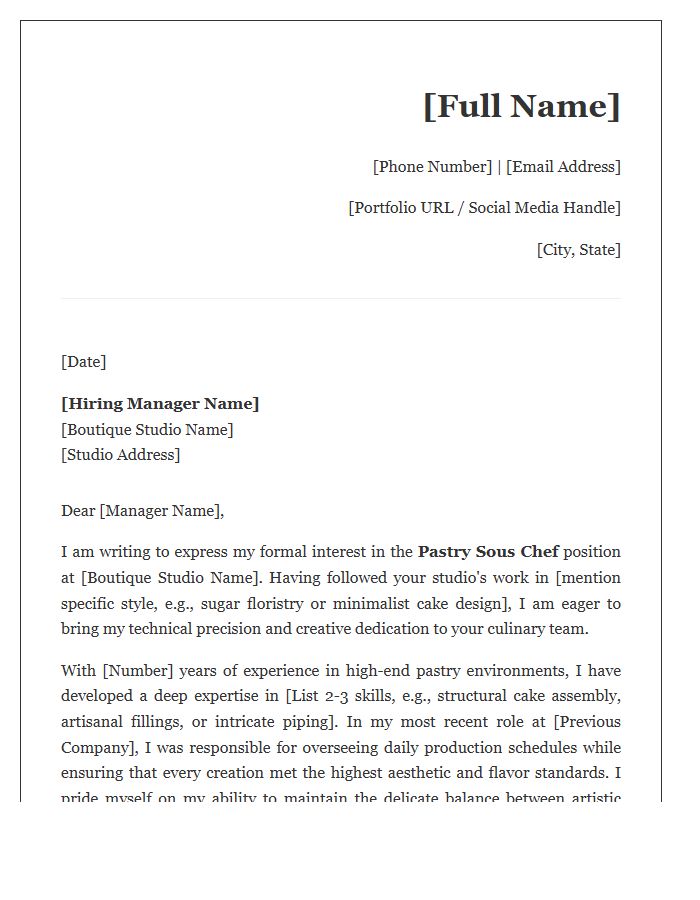 Boutique Cake Studio Pastry Sous Chef Cover Letter Template