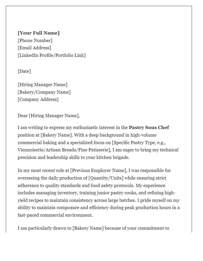 Commercial Bakery Pastry Sous Chef Cover Letter Template