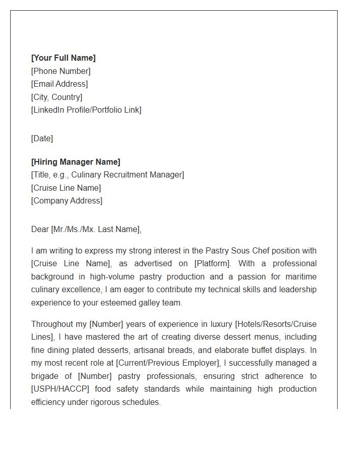 Cruise Line Pastry Sous Chef Cover Letter Template