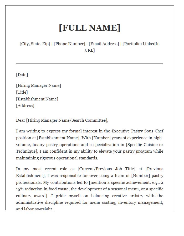 Executive Pastry Sous Chef Cover Letter Template