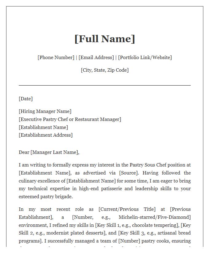 Fine Dining Pastry Sous Chef Cover Letter Template