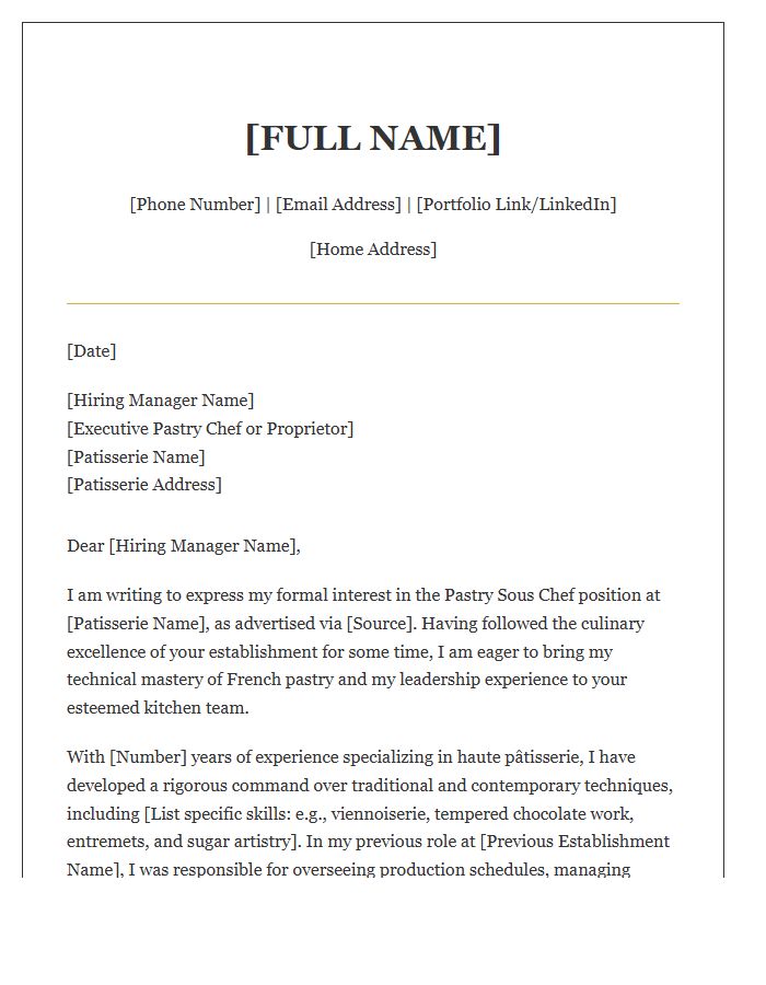 French Patisserie Pastry Sous Chef Cover Letter Template