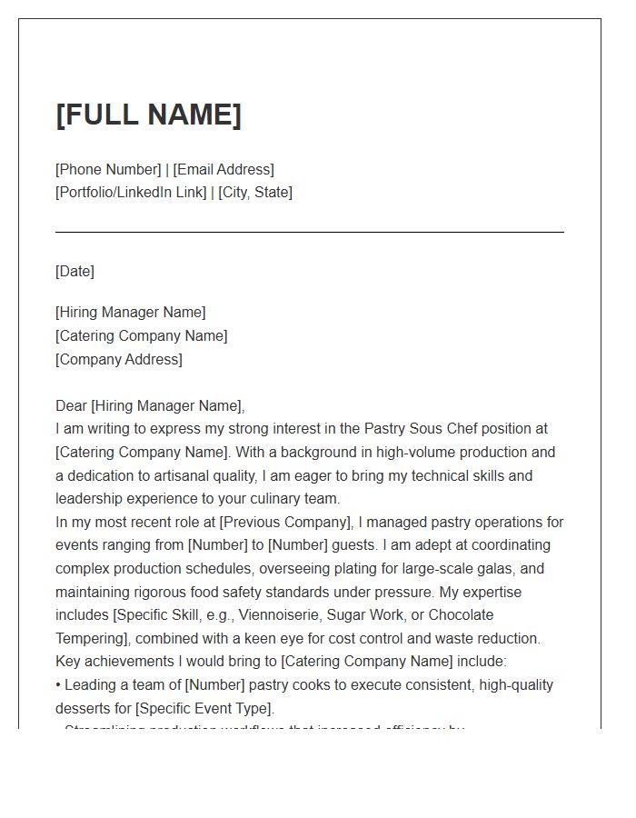 High Volume Catering Pastry Sous Chef Cover Letter Template