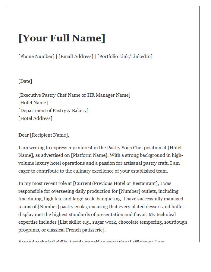 Hotel Kitchen Pastry Sous Chef Cover Letter Template