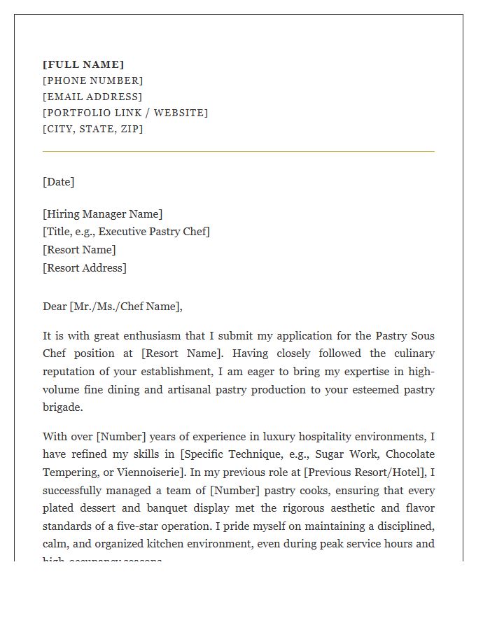 Luxury Resort Pastry Sous Chef Cover Letter Template