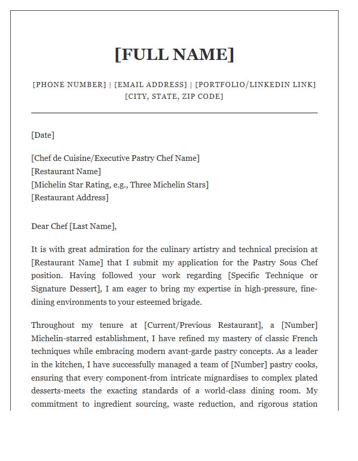 Michelin Star Pastry Sous Chef Cover Letter Template