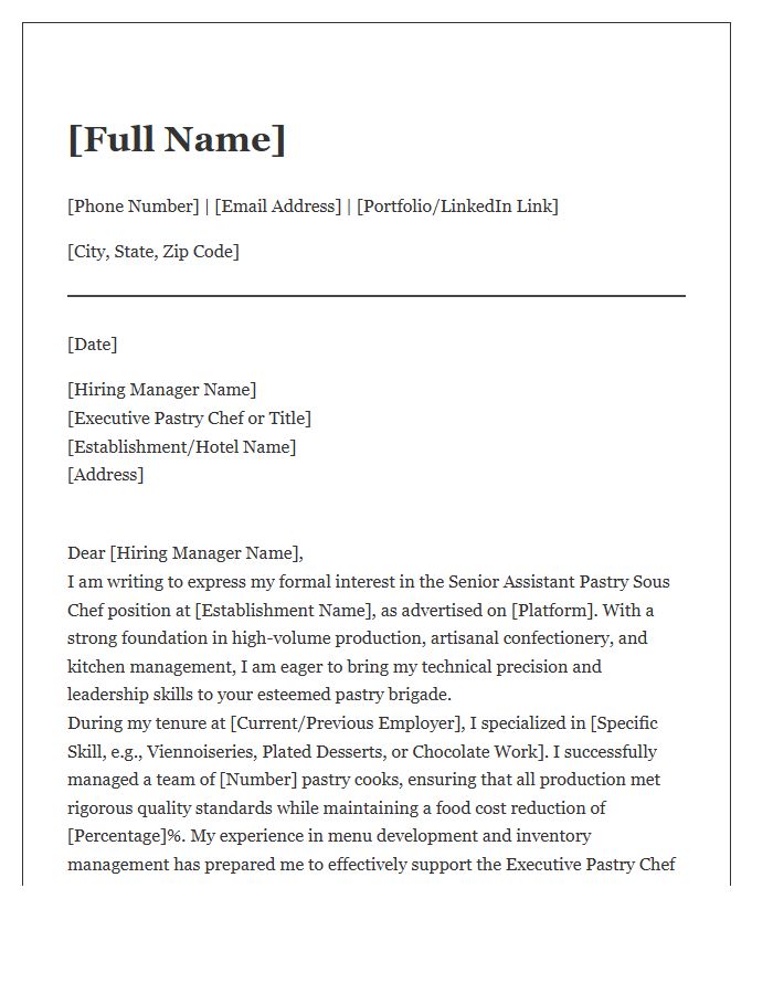 Senior Assistant Pastry Sous Chef Cover Letter Template