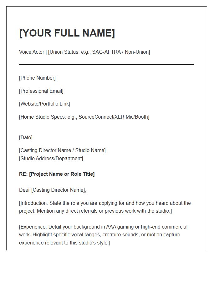 AAA Studio Voice Actor Cover Letter Template