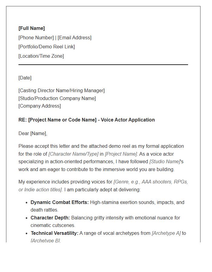 Action Game Voice Actor Cover Letter Template
