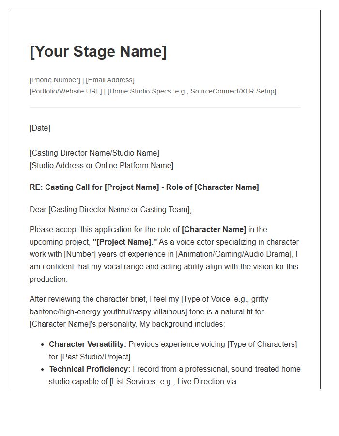 Character Voice Actor Cover Letter Template