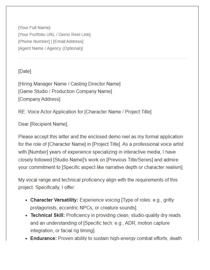 Gaming Industry Voice Artist Cover Letter Template