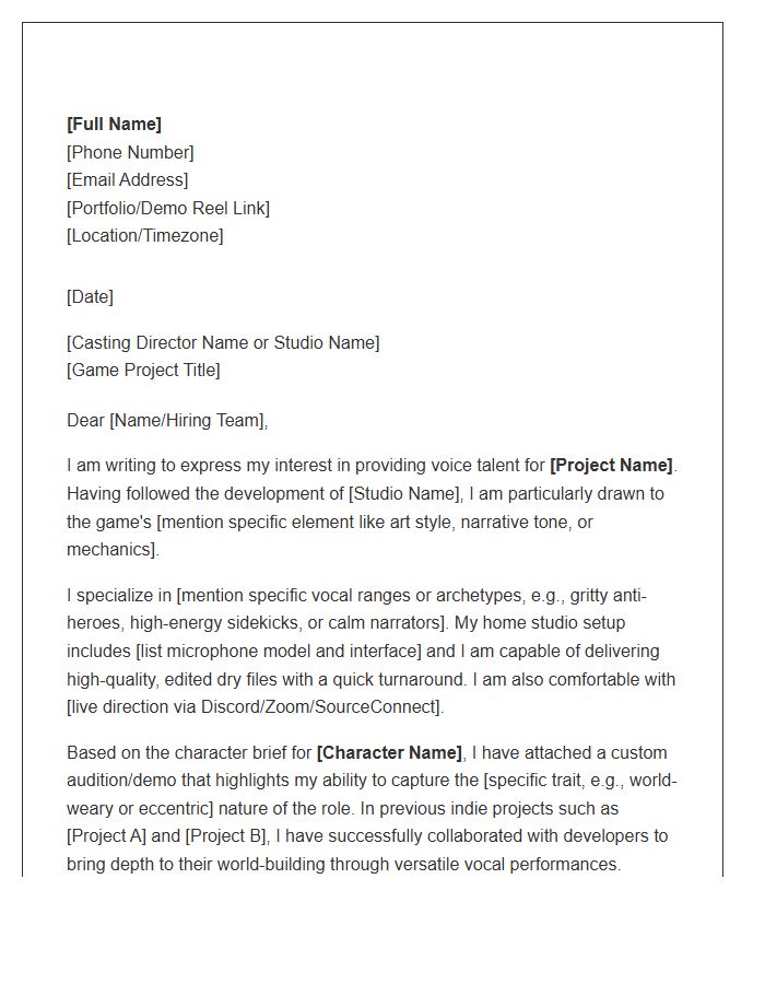 Indie Game Voice Talent Cover Letter Template