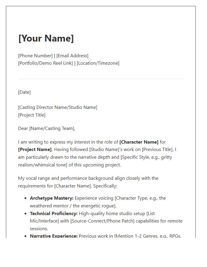Narrative Game Voice Actor Cover Letter Template