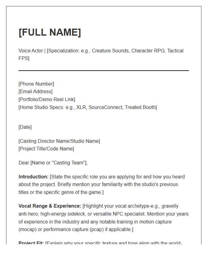 Professional Gaming Voice Actor Cover Letter Template