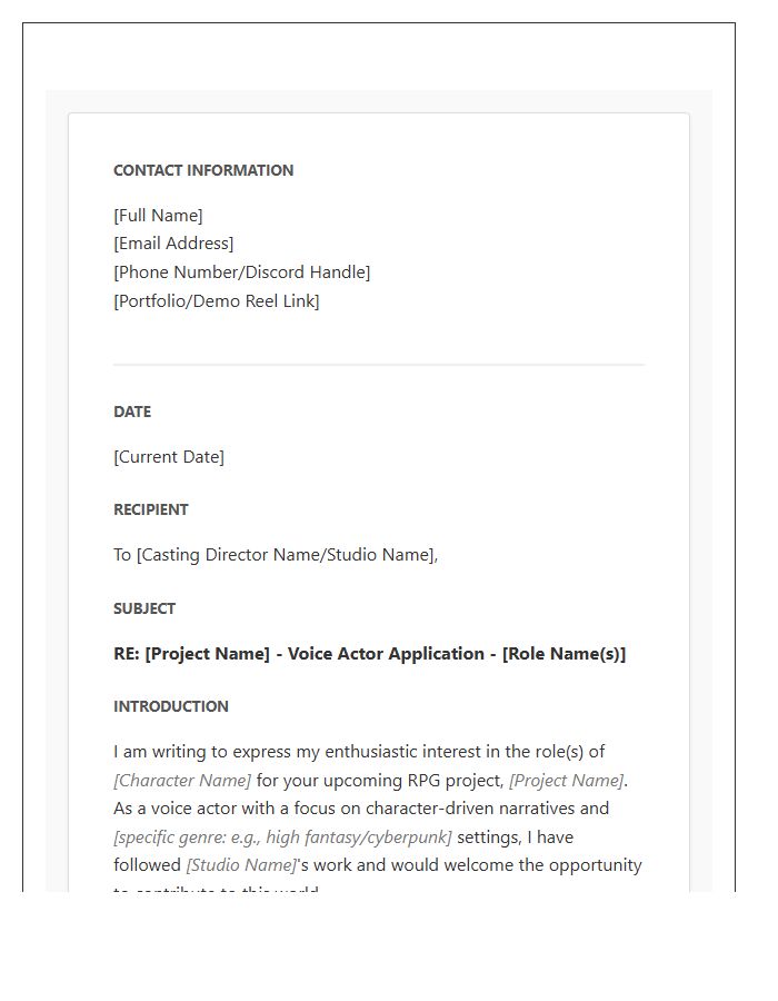 RPG Voice Acting Cover Letter Template
