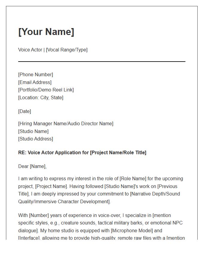 Video Game Voice Actor Cover Letter Template