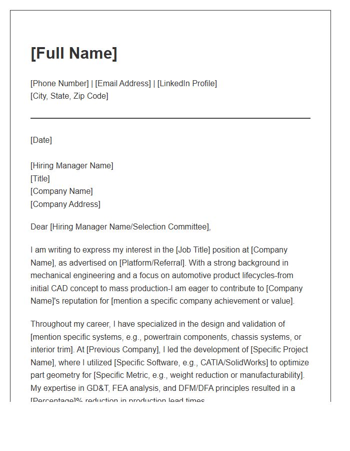 Automotive Product Mechanical Engineer Professional Cover Letter Template
