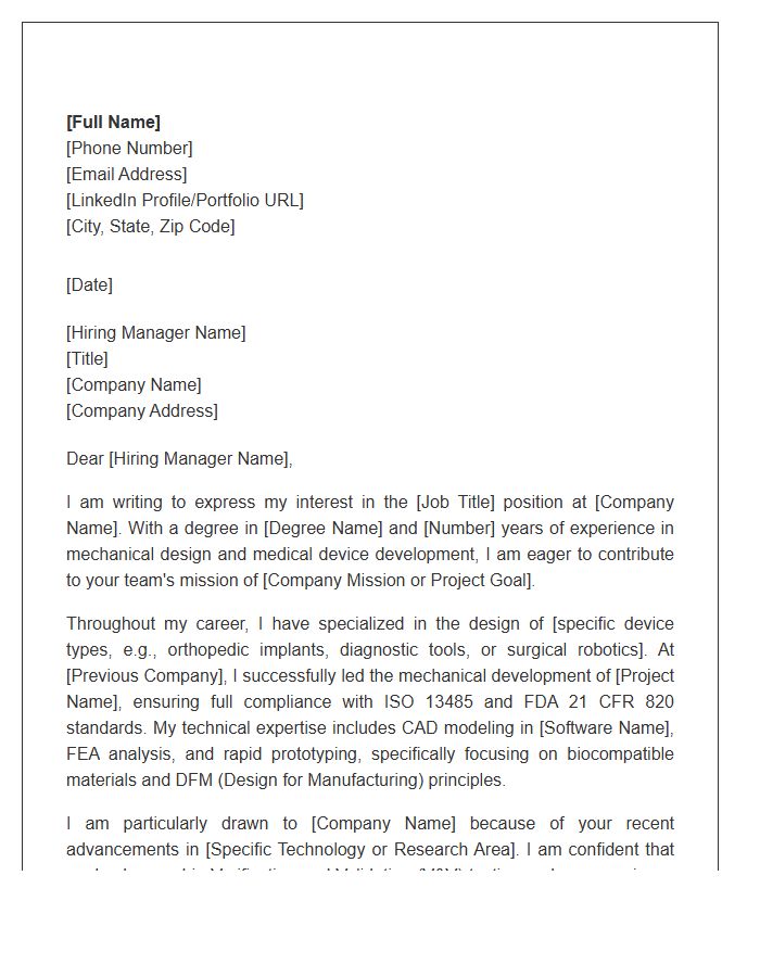 Biomedical Device Mechanical Engineer Professional Cover Letter Template