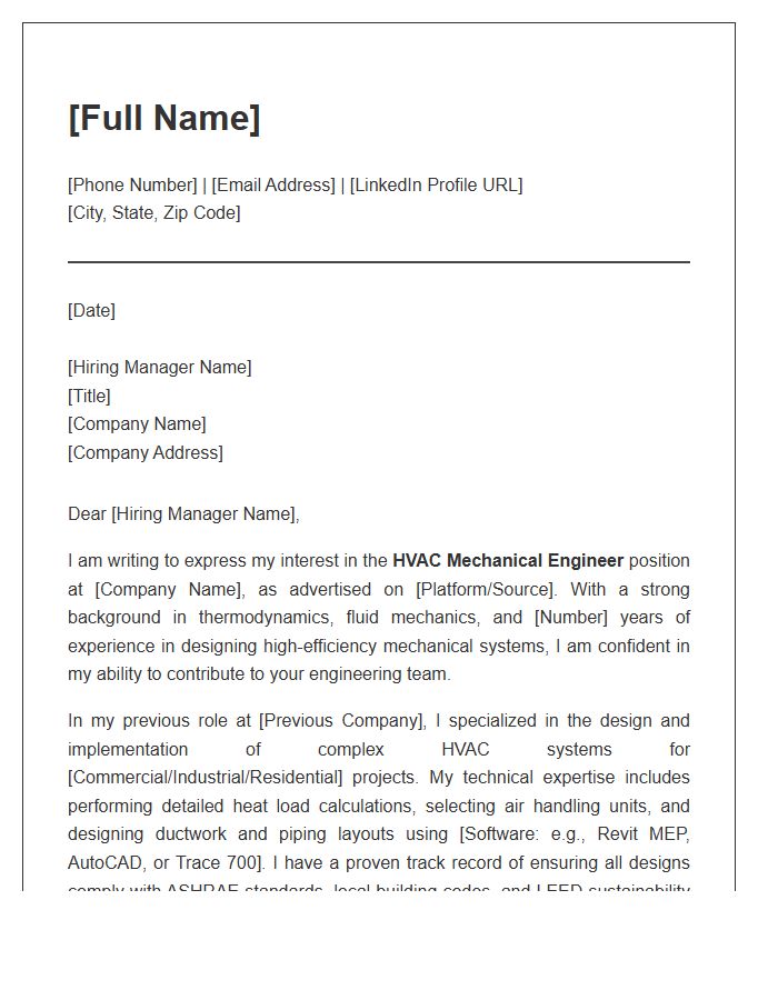 HVAC Systems Mechanical Engineer Professional Cover Letter Template