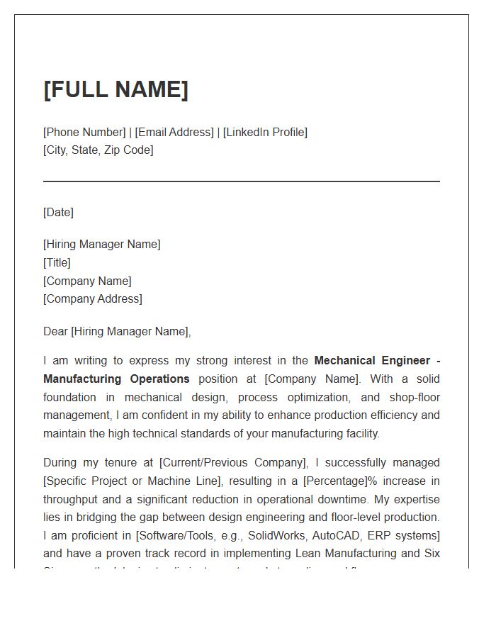 Manufacturing Operations Mechanical Engineer Professional Cover Letter Template