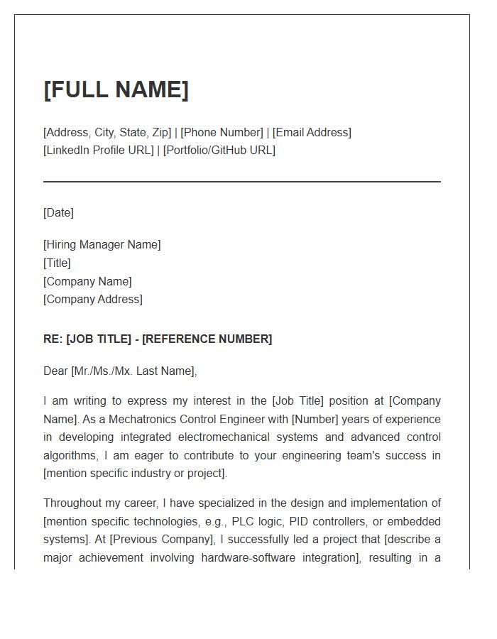 Mechatronics Control Mechanical Engineer Professional Cover Letter Template
