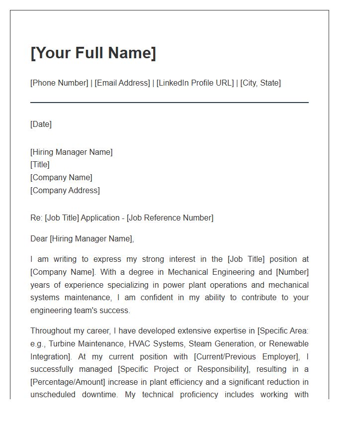 Power Generation Mechanical Engineer Professional Cover Letter Template