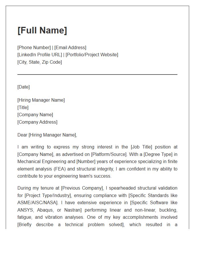 Structural Analysis Mechanical Engineer Professional Cover Letter Template