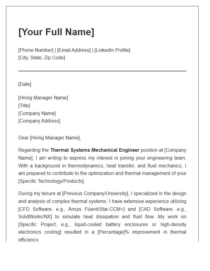 Thermal Systems Mechanical Engineer Professional Cover Letter Template